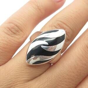 925 Sterling Silver Vintage Real Black Onyx Zebra Print Adjustable Ring Size 6